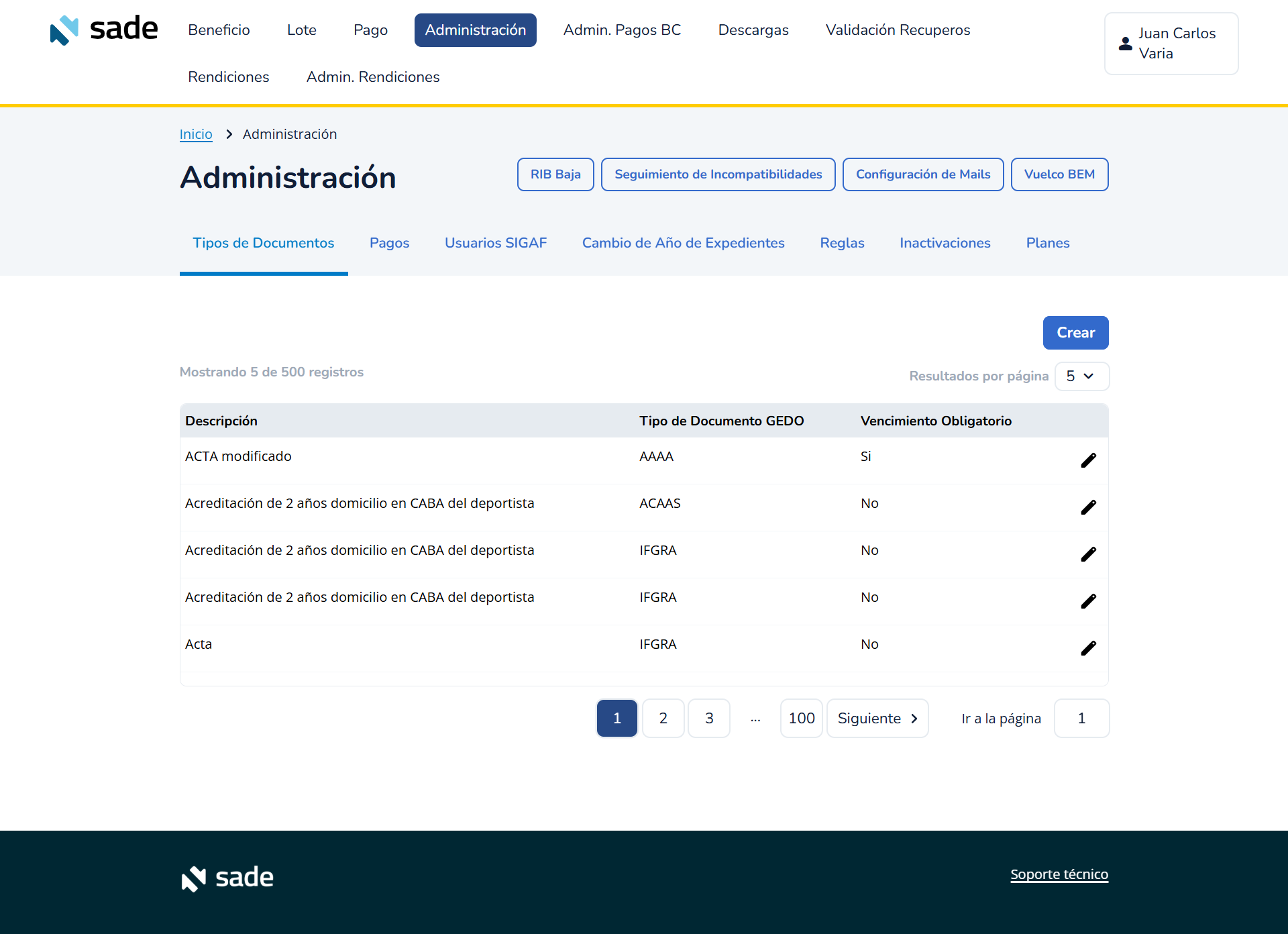 Pantalla principal de Administración
